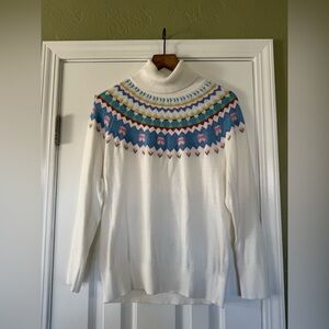 L.L. Bean White Sweater with Colorful Pattern cotton and cashmere blend
